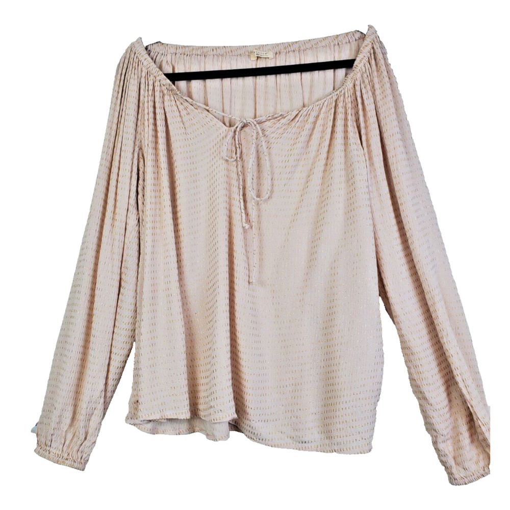 Lovestitch Women Top Large Peasant Boho Bohemian Rayon Ivory Gold Long Sleeve